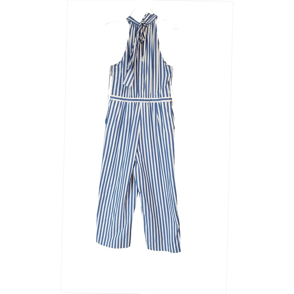 J.Crew Striped‎ Halter Jumpsuit Blue White Tie Neck Wide Leg Size 8 - Picture 5 of 9